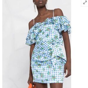 New ALESSANDRA RICH Off-Shoulder Floral Dress Medium Blue Gingham IT40/Small